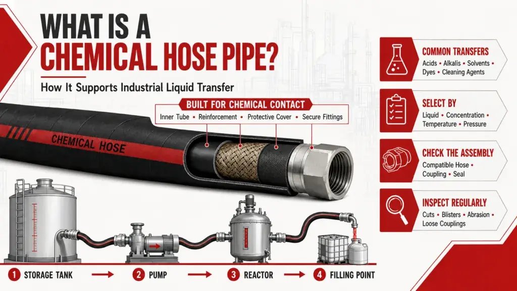 Chemical Hose Pipe for industrial liquid transfer, with diagrams showing storage tanks, pumps, reactors, and filling points. Highlights hose construction details and tips on selection, assembly, and inspection. Red and black color scheme conveys technical and industrial tone."