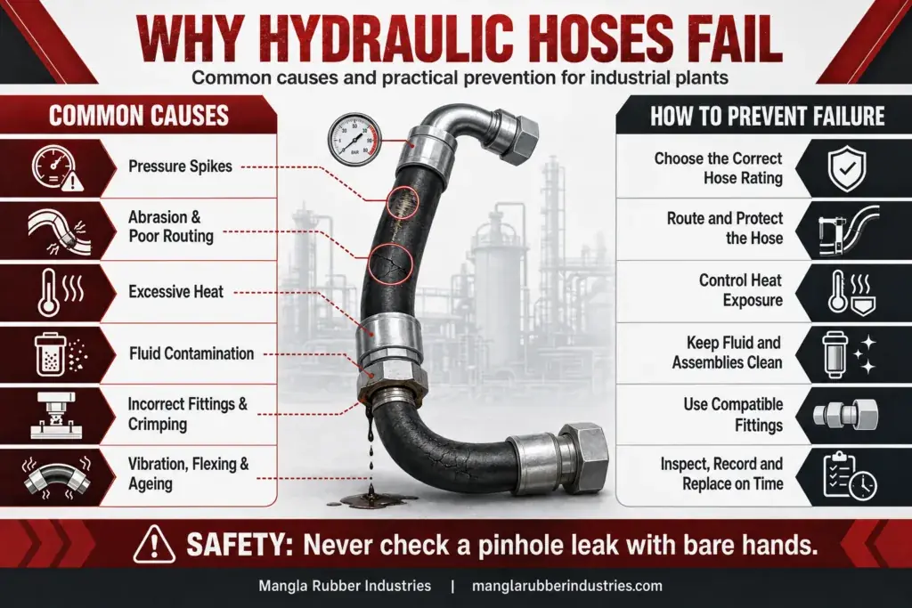 Why Hydraulic Hose Fail," showing a hose and six common causes. Right side lists prevention tips. Safety warning at the bottom.