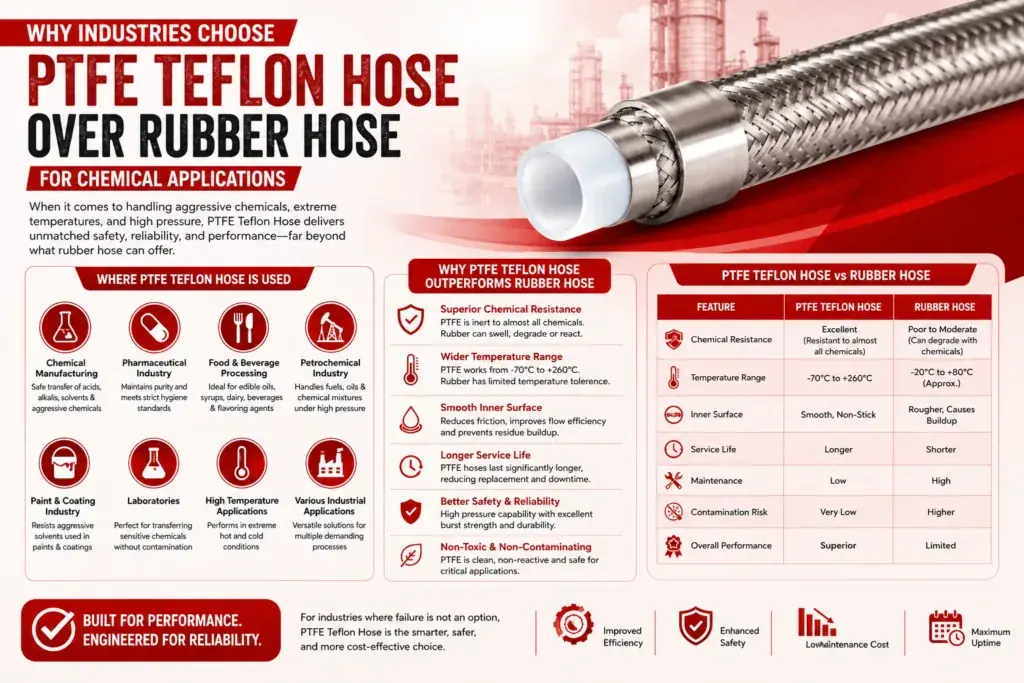 Close-up of a PTFE Teflon hose resting on a rubber hose, illustrating the distinct characteristics of each material.